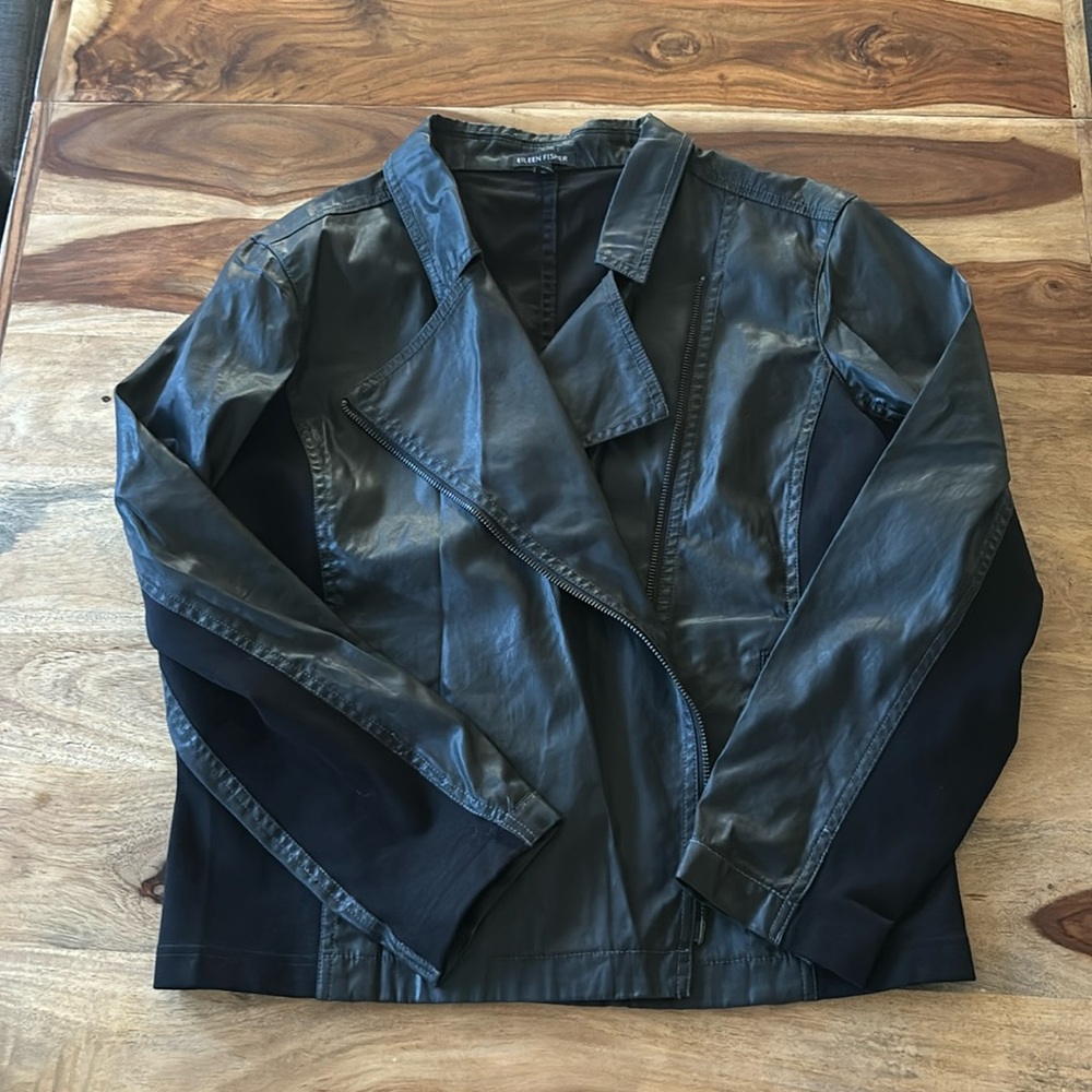 NWOT Eileen Fisher Black Coated Cotton Moto Jacket - Women’s Large